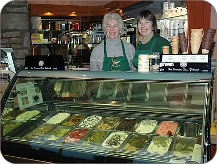 Claire Bland and her mum Diana Holliday in the tea room at Abbott Lodge with-some of the varieties of ice cream on sale.