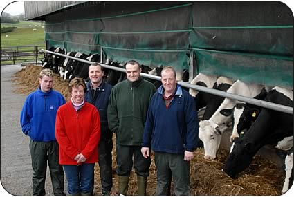 The Rascarrel team - left to right, Matthew MacTaggart, Fiona MacTaggart, Brian Wilson, Derek Graham and Tommy MacTaggart with the milking cows.  